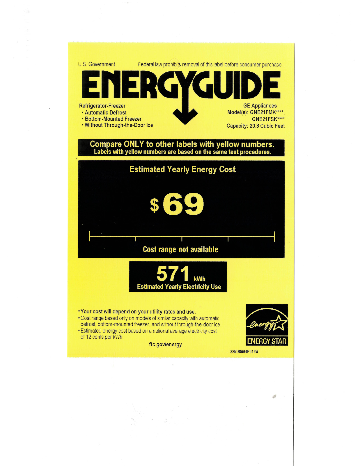 General Electric GNE21FSKSS Energy Guide