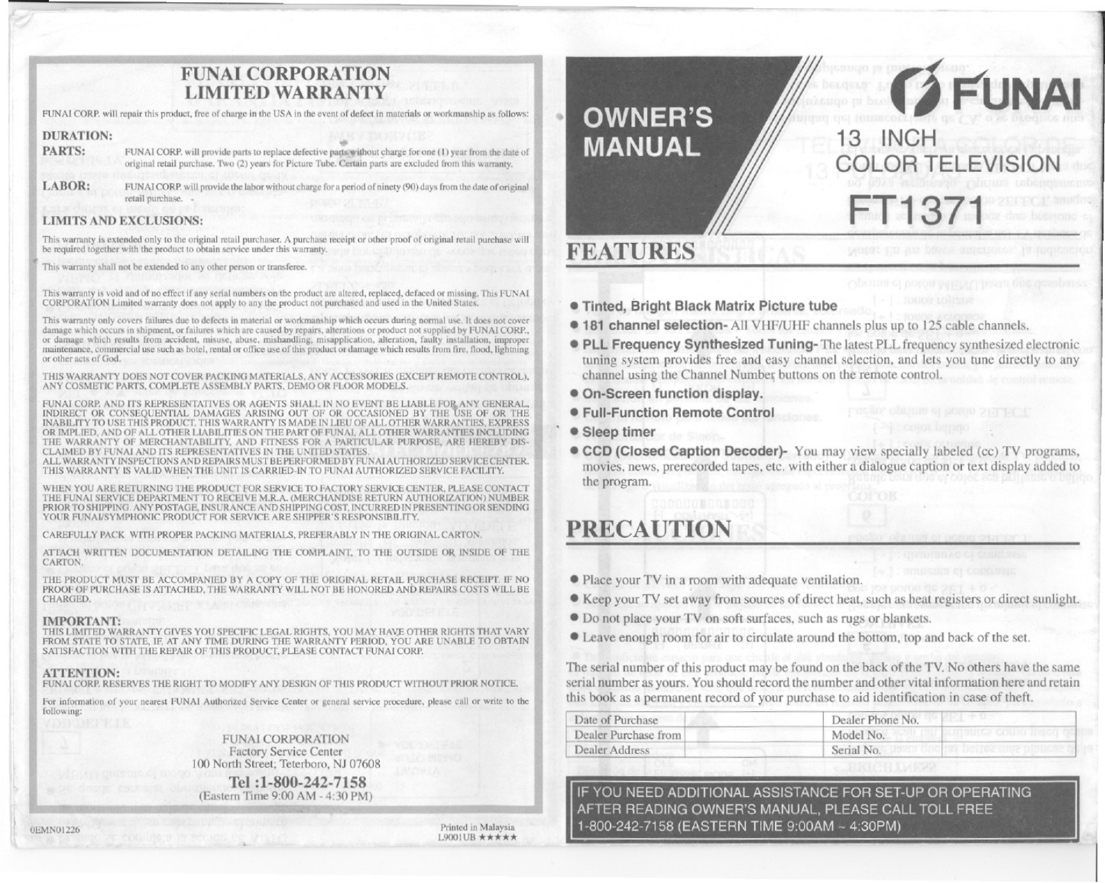 FUNAI FT1371 User Manual