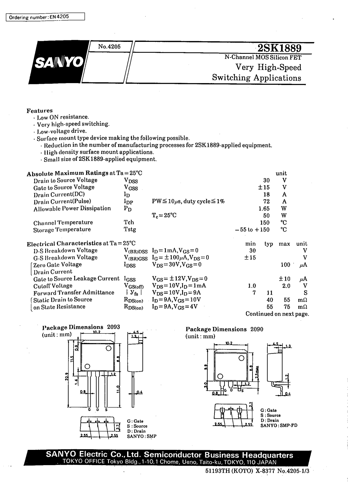 SANYO 2SK1889 Datasheet