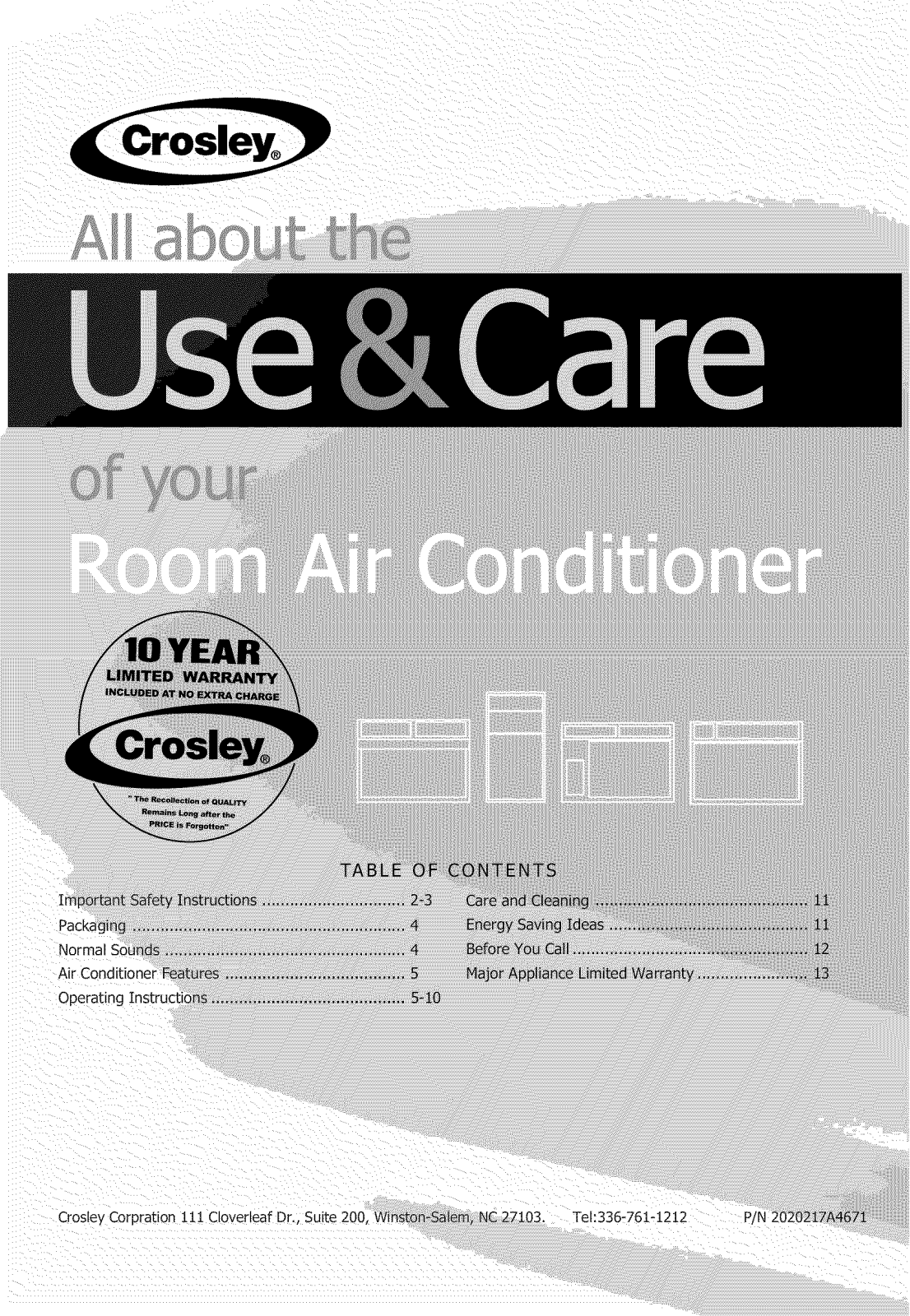 Crosley CAE12EHQ16, CAE10EHQ17, CAE10EHQ16, CAE08EHQ19, CAE08EHQ18 Owner’s Manual