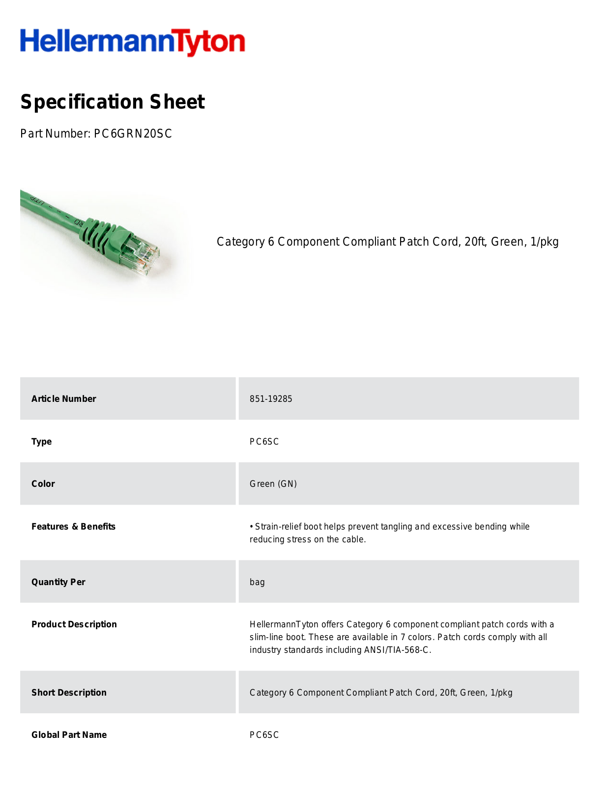 HellermannTyton PC6GRN20SC Specification Sheet - ManualMachine.com