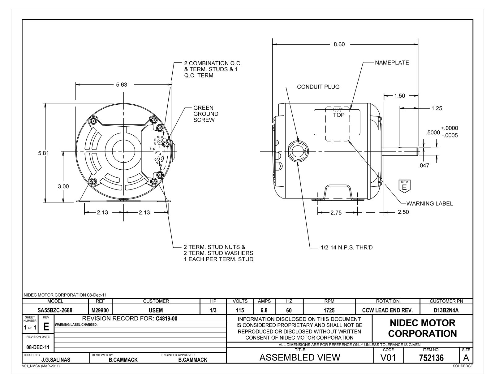 US Motors D13B2N4A Dimensional Sheet