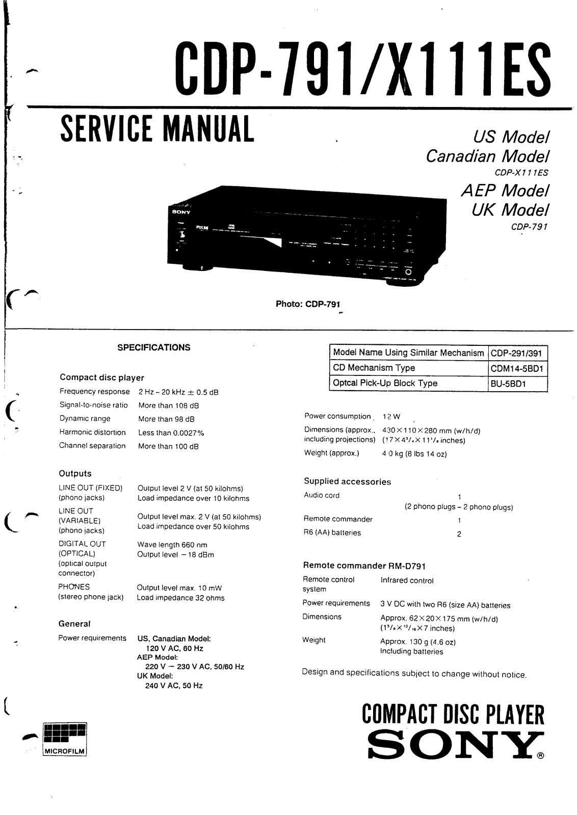 SONY CDP-791-X111ES Service Manual
