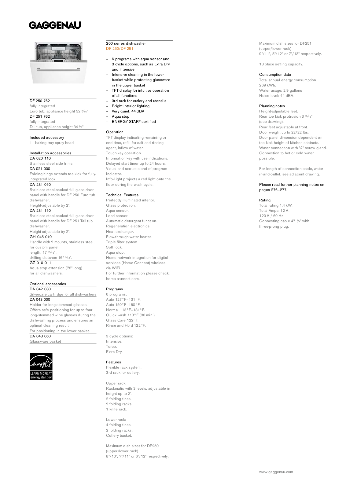 Gaggenau DF250762 Specification Sheet