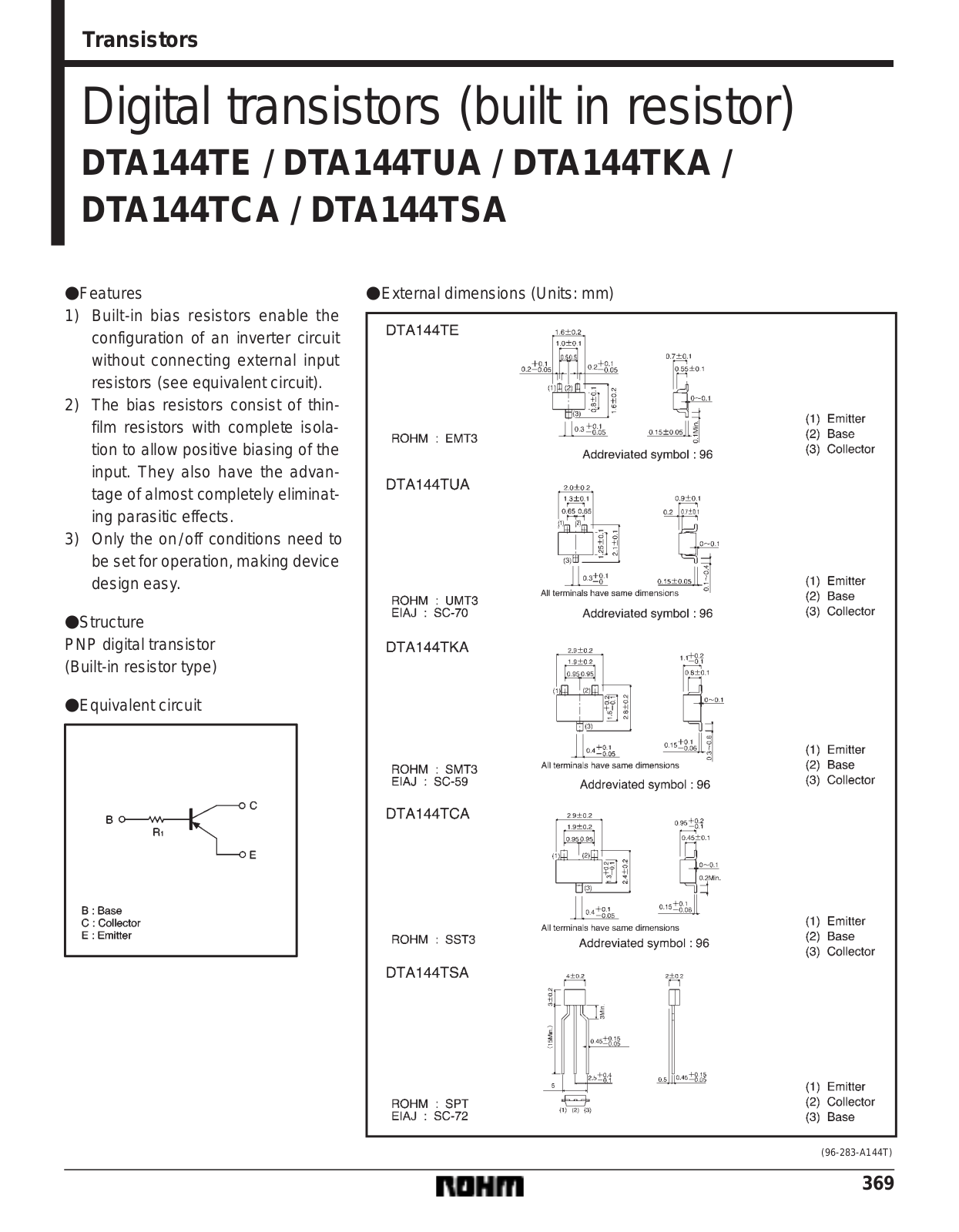 ROHM DTA144TUA, DTA144TSA, DTA144TKA, DTA144TE, DTA144TCA Datasheet