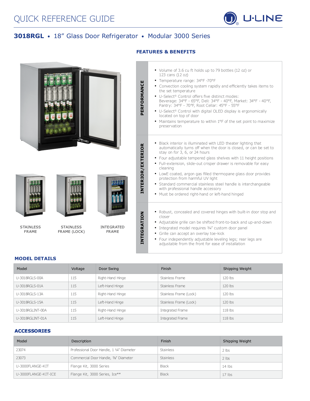 U-Line U3018RGLINT00A Specifications