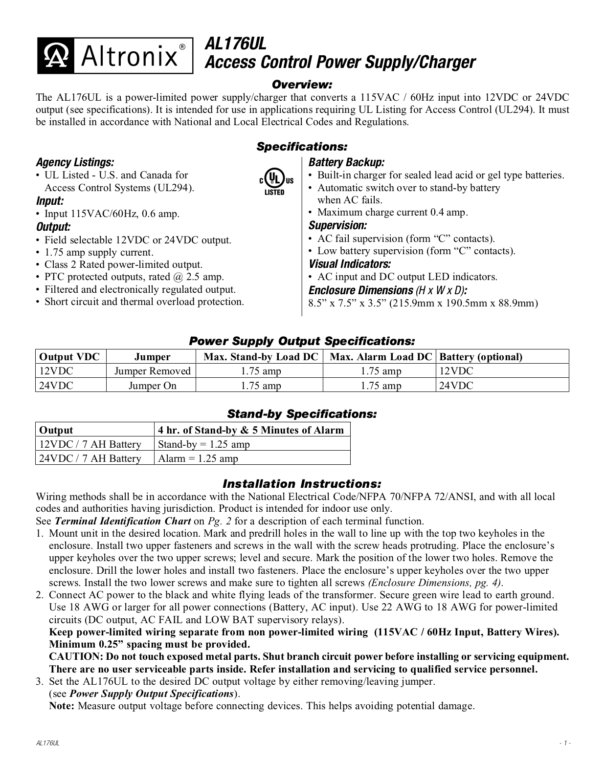 Altronix AL176UL Installation Manual