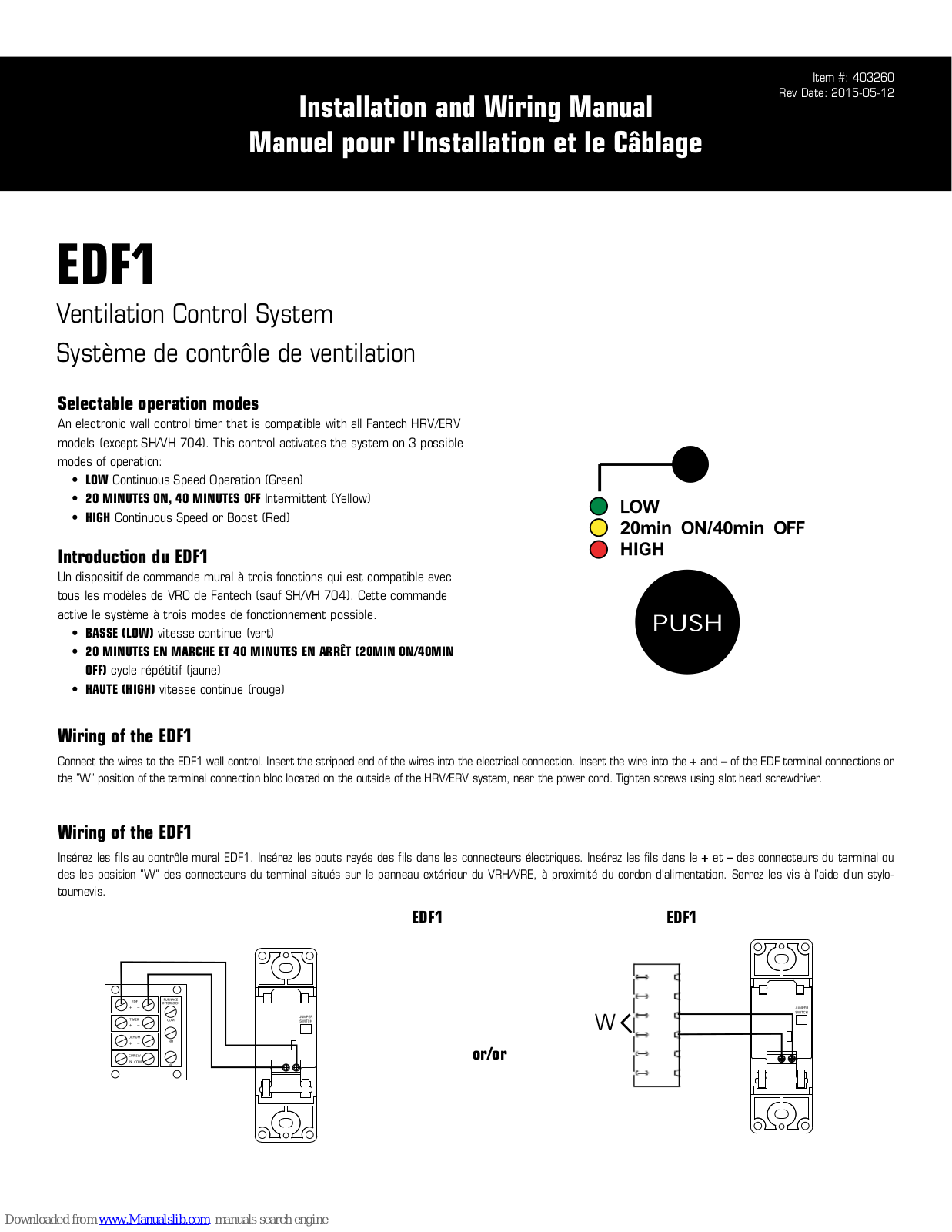 Fantech EDF1, 403260 Installation And Wiring Manual