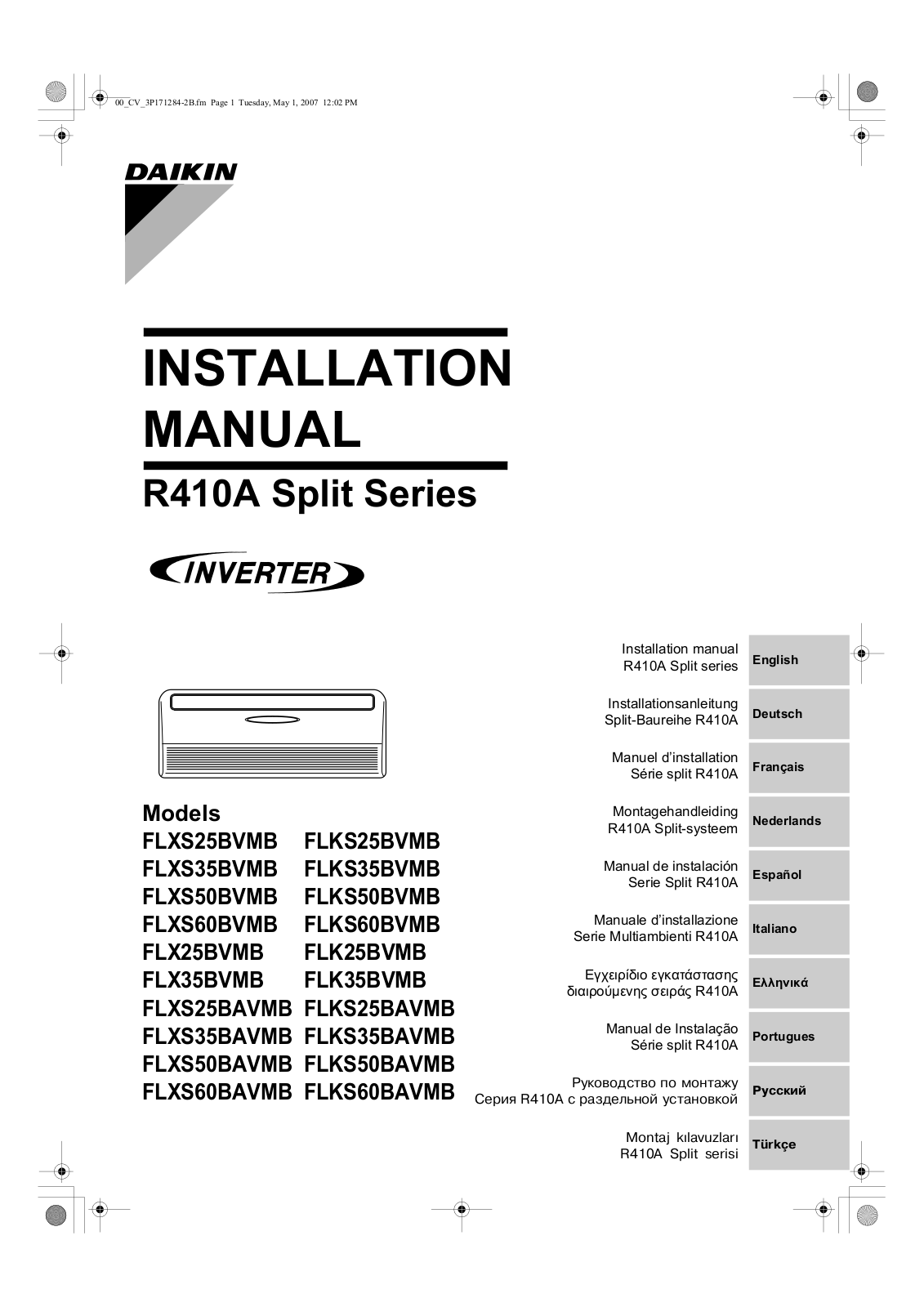 Daikin FLXS25BVMB, FLKS25BVMB, FLXS35BVMB, FLKS35BVMB, FLXS50BVMB Installation manuals