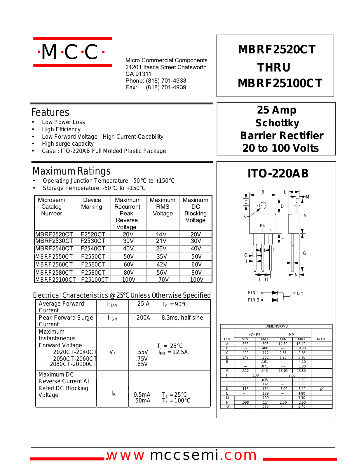 MCC MBRF2540CT, MBRF25100CT, MBRF2520CT, MBRF2530CT, MBRF2560CT Datasheet