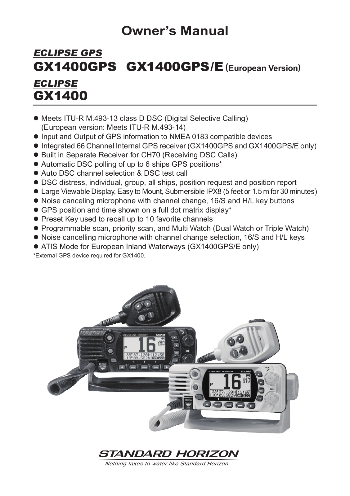 Standard Horizon Eclipse GX1400GPS, Eclipse GX1400GPS/E, Eclipse GX1400 Owner's Manual