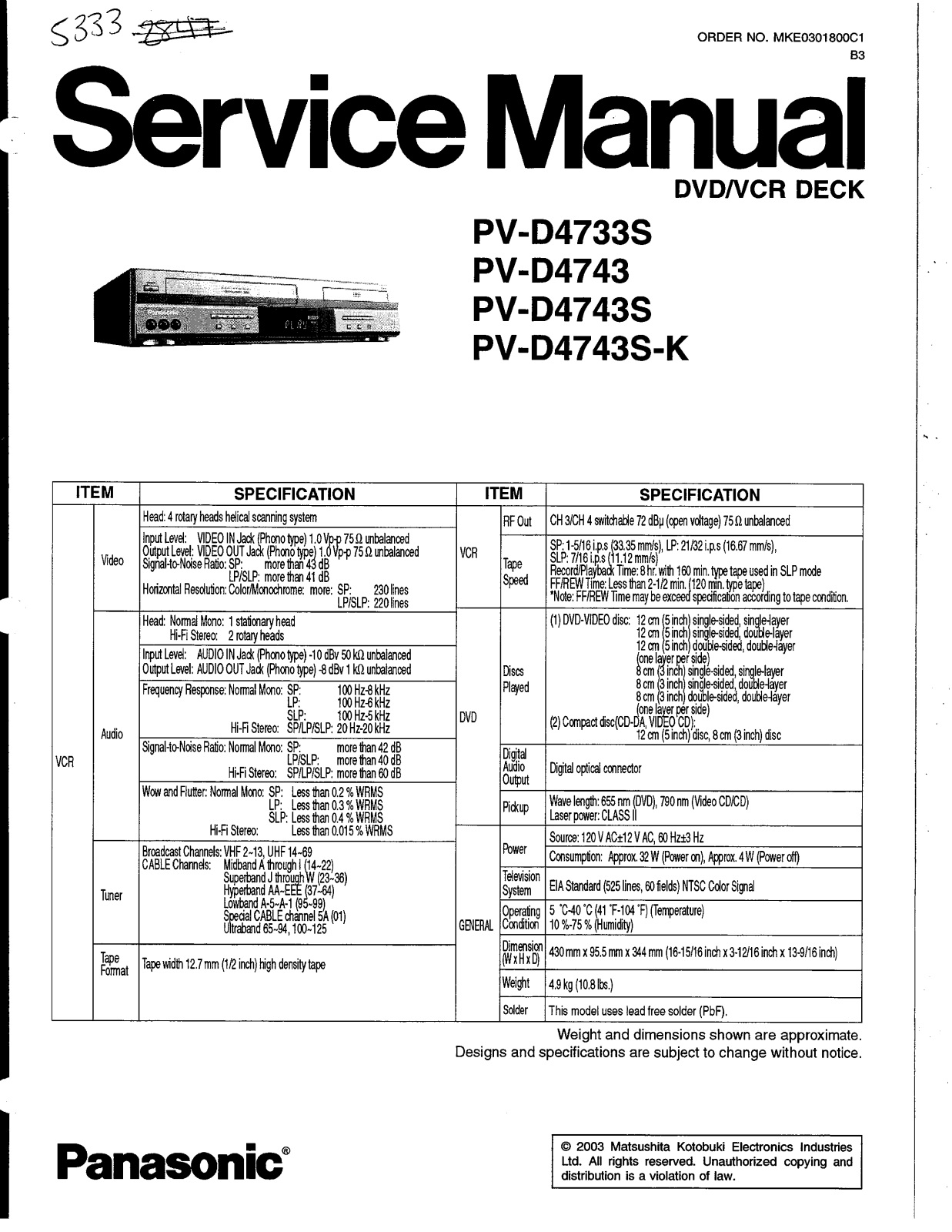 Panasonic PVD-4733-S, PVD-4743, PVD-4743-S, PVD-4743-SK Service manual