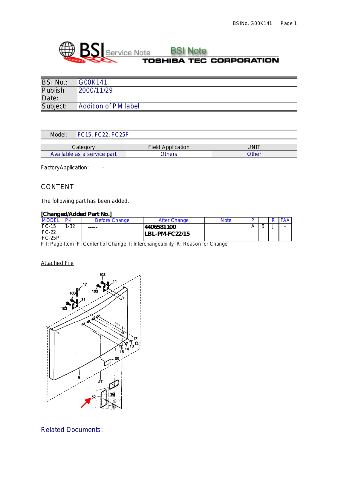 Toshiba G00K141 Service Note