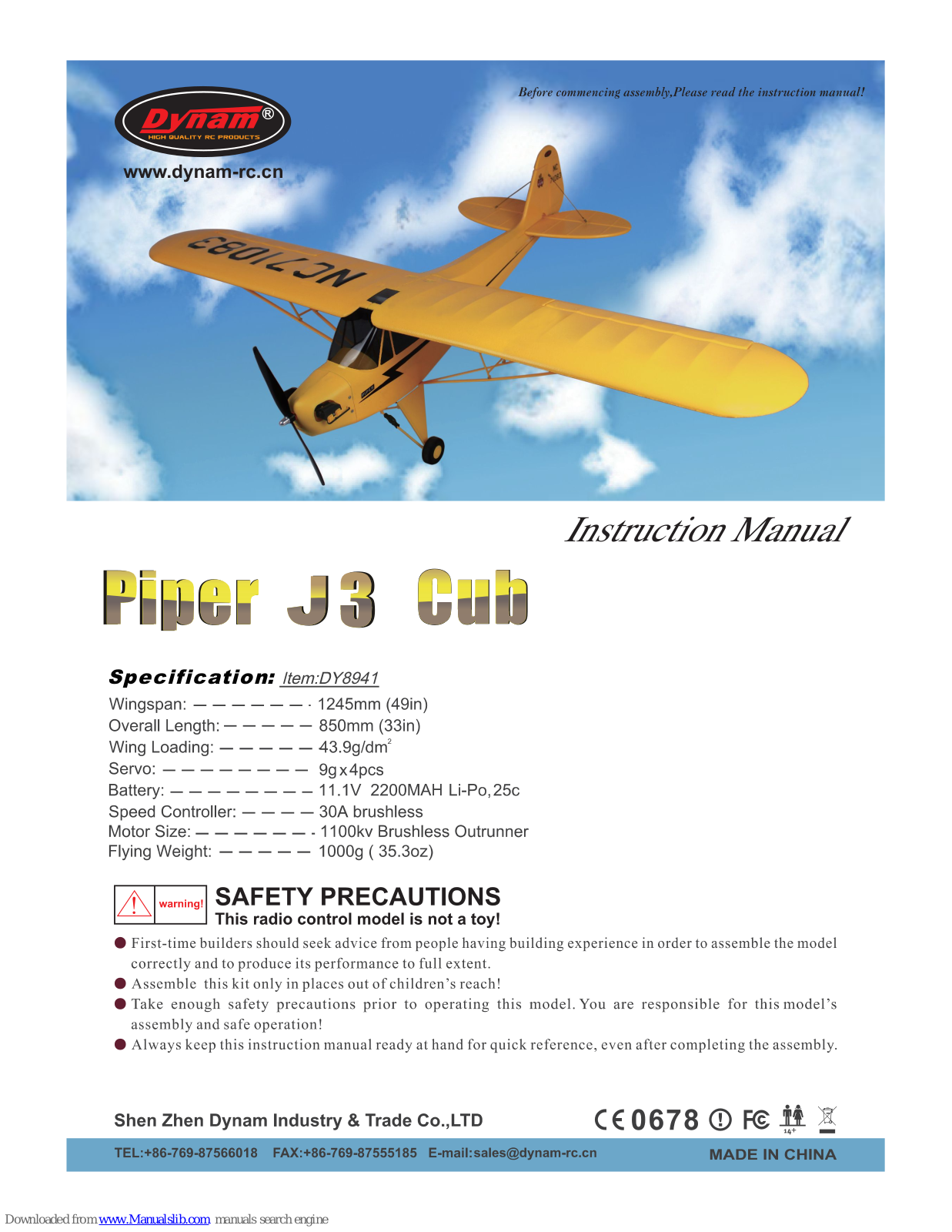 Dynam Piper J3 Cub Instruction Manual