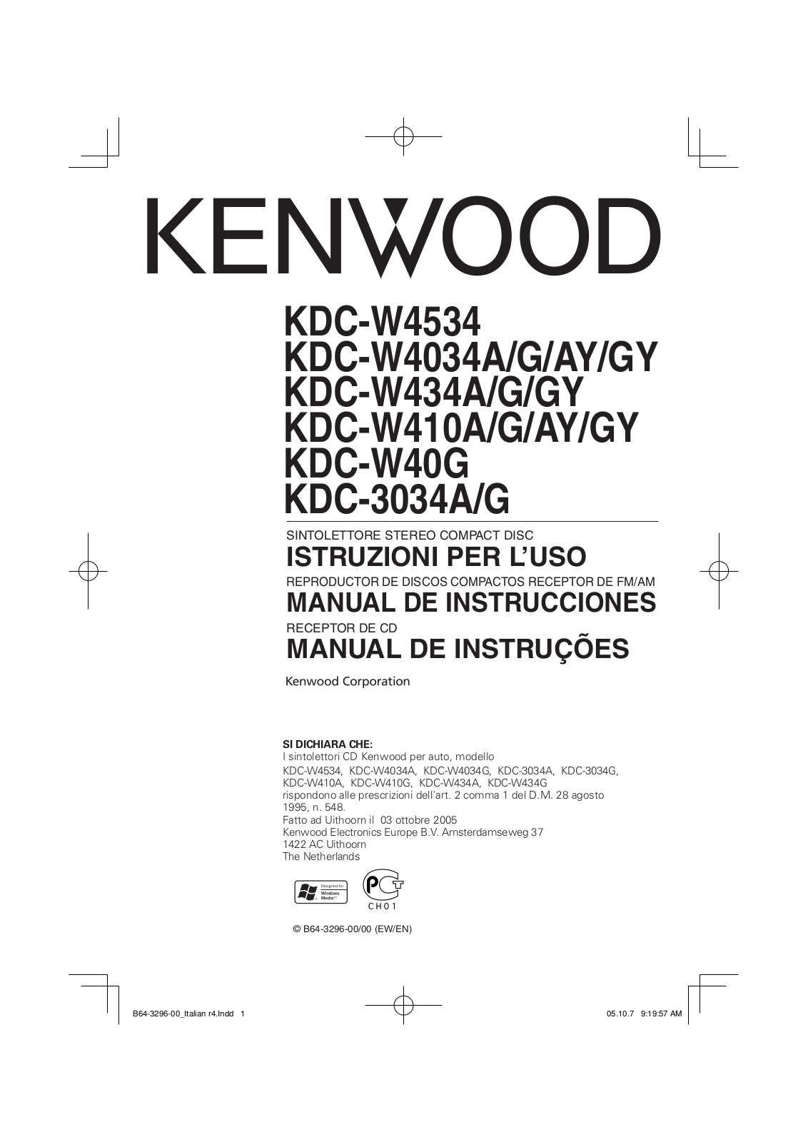 Kenwood KDC-W4034, KDC-3034, KDC-W4534, KDC-W410, KDC-W40G Manual