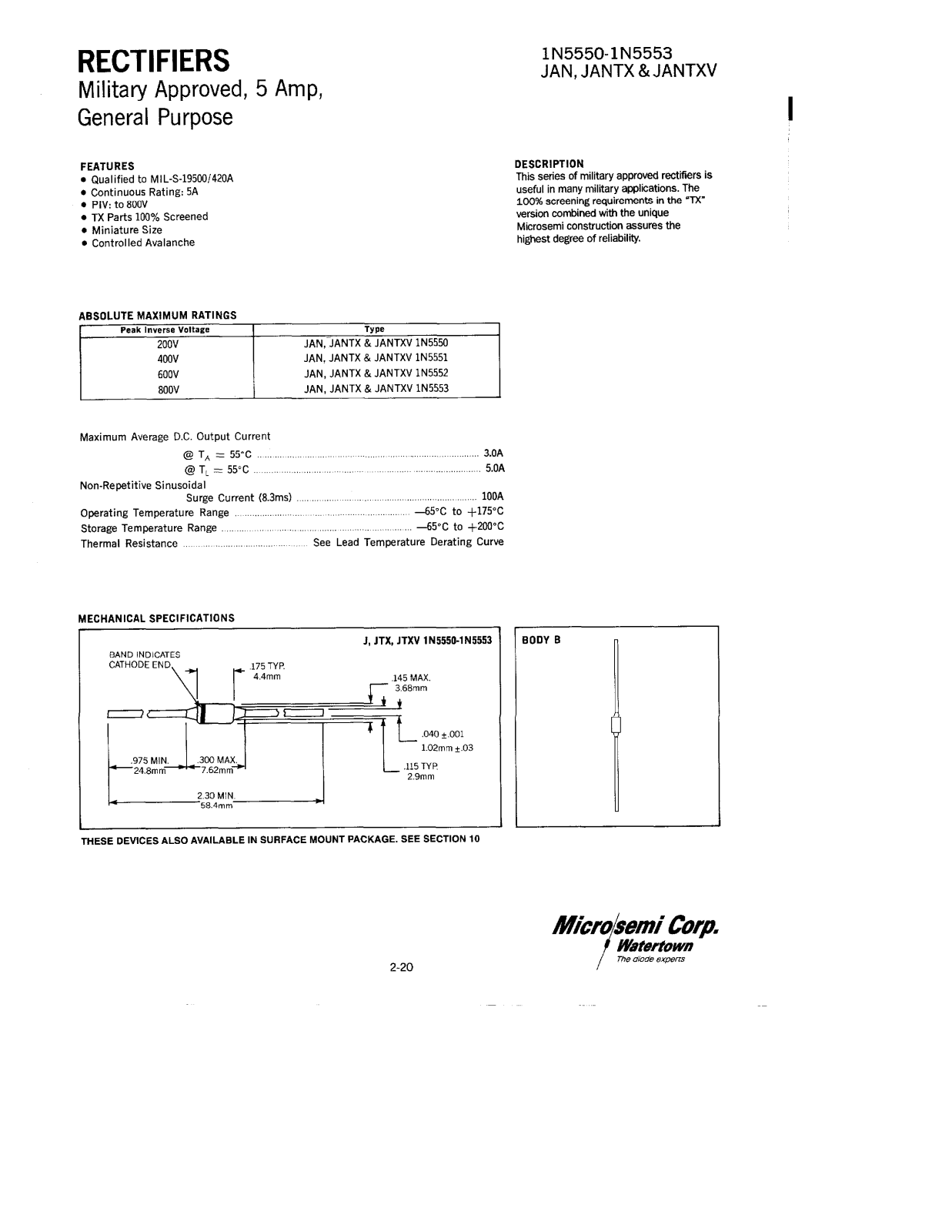 Microsemi Corporation 1N5553US, 1N5553, 1N5552US, 1N5552, 1N5551US Datasheet