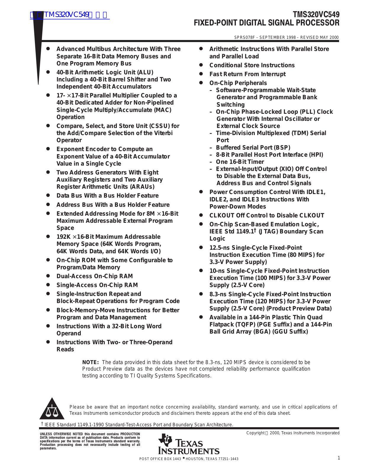 TEXAS INSTRUMENTS TMS320VC549 Technical data