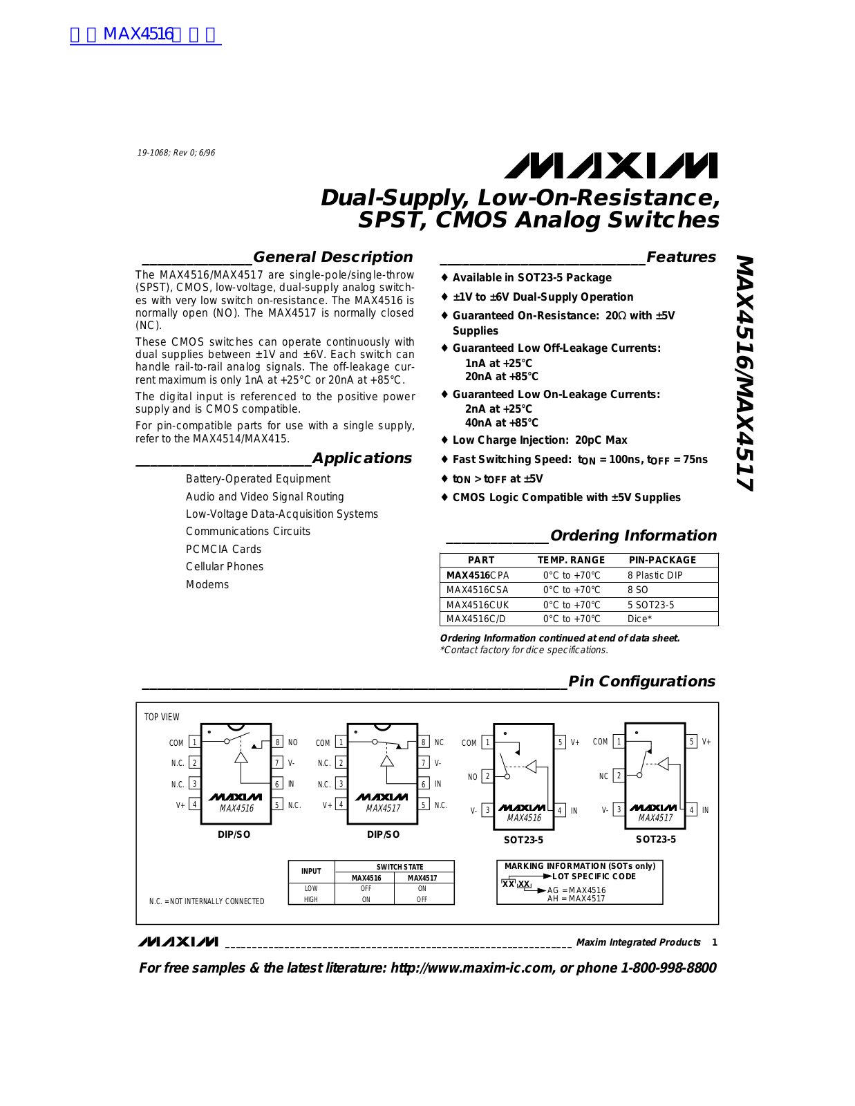 MAXIM MAX4516, MAX4517 Technical data