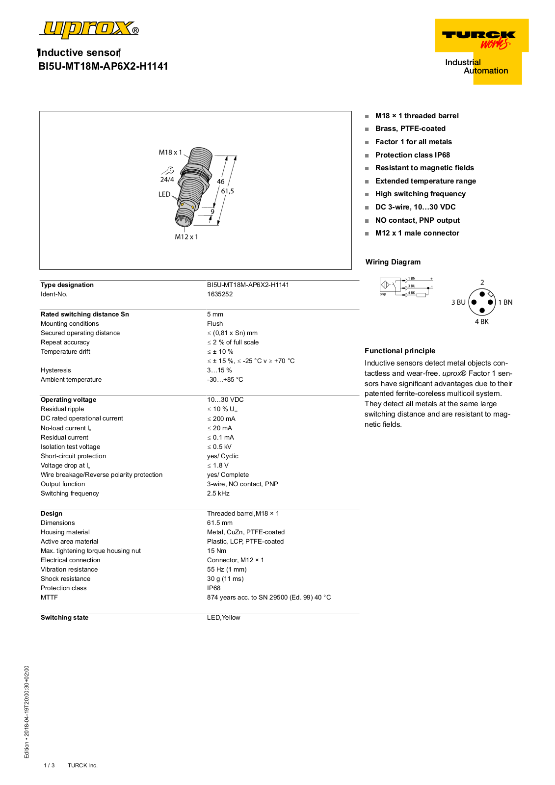 Turck BI5U-MT18M-AP6X2-H1141 Data Sheet