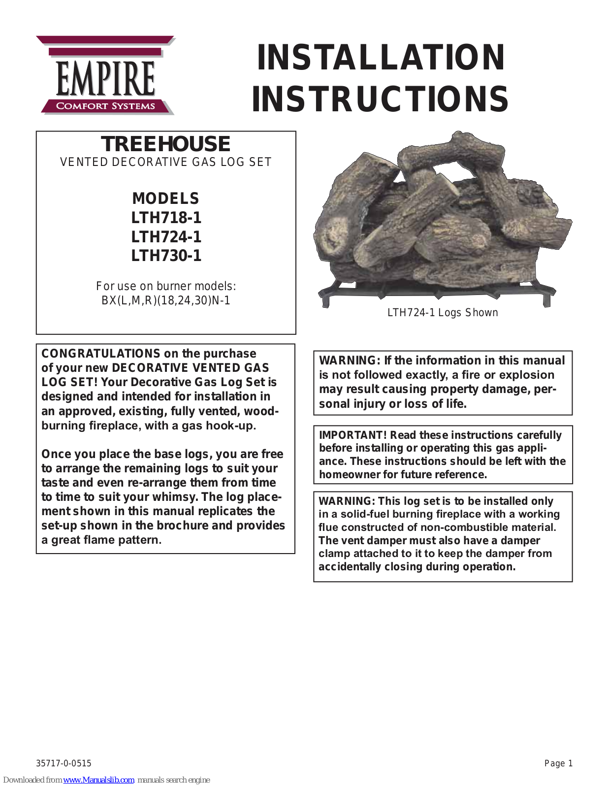 Empire Comfort Systems LTH718-1, LTH724-1, LTH730-1 Installation Instructions Manual