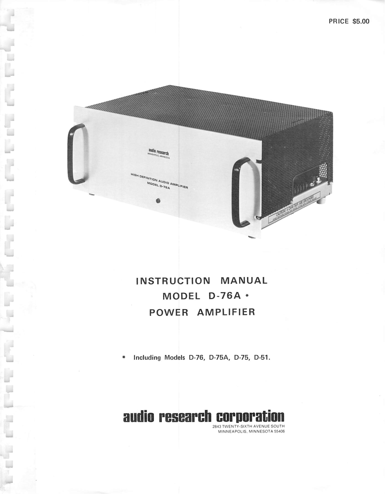 Audio Research D-51, D-76, D-75A, D-75, D-76A User Manual