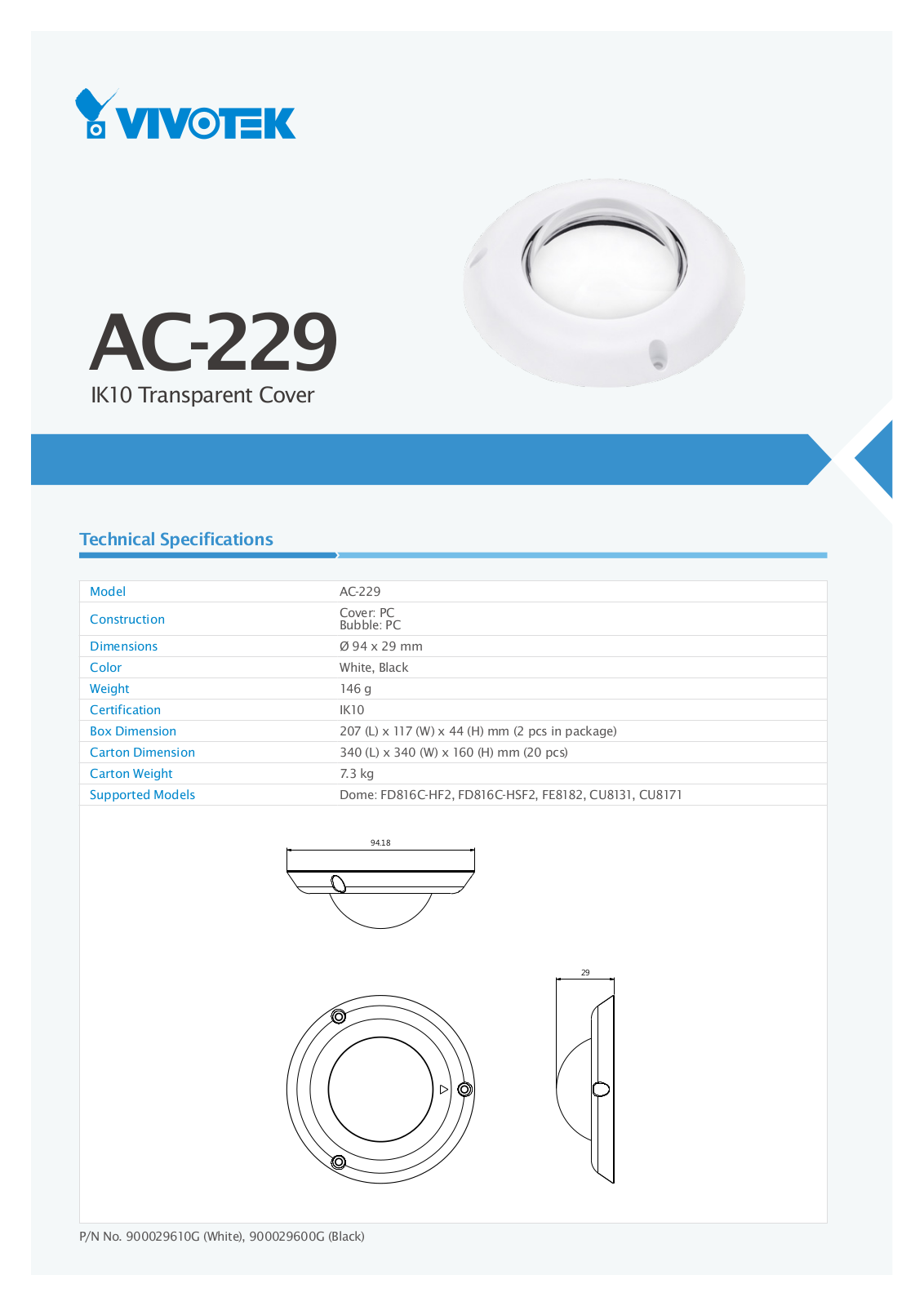 Vivotek AC-229-B, AC-229-W Specsheet