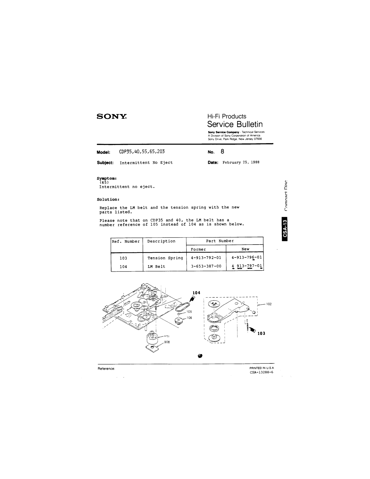 SONY EXCD-40 Service Bulletin