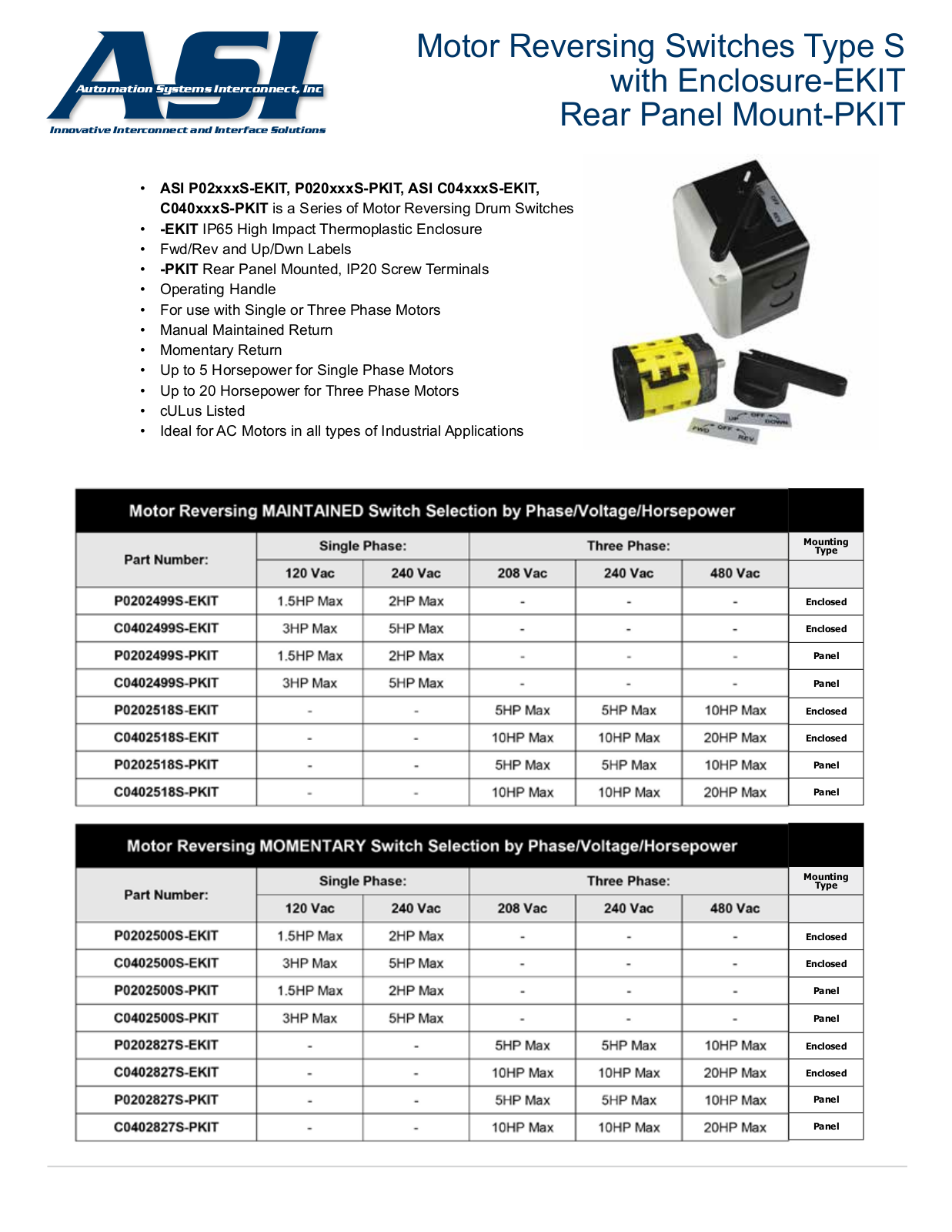 ASI-Automation Systems Interconnect P02xxxS-EKIT, P020xxxS-PKIT, C04xxxS-EKIT, C040xxxS-PKIT Data Sheet