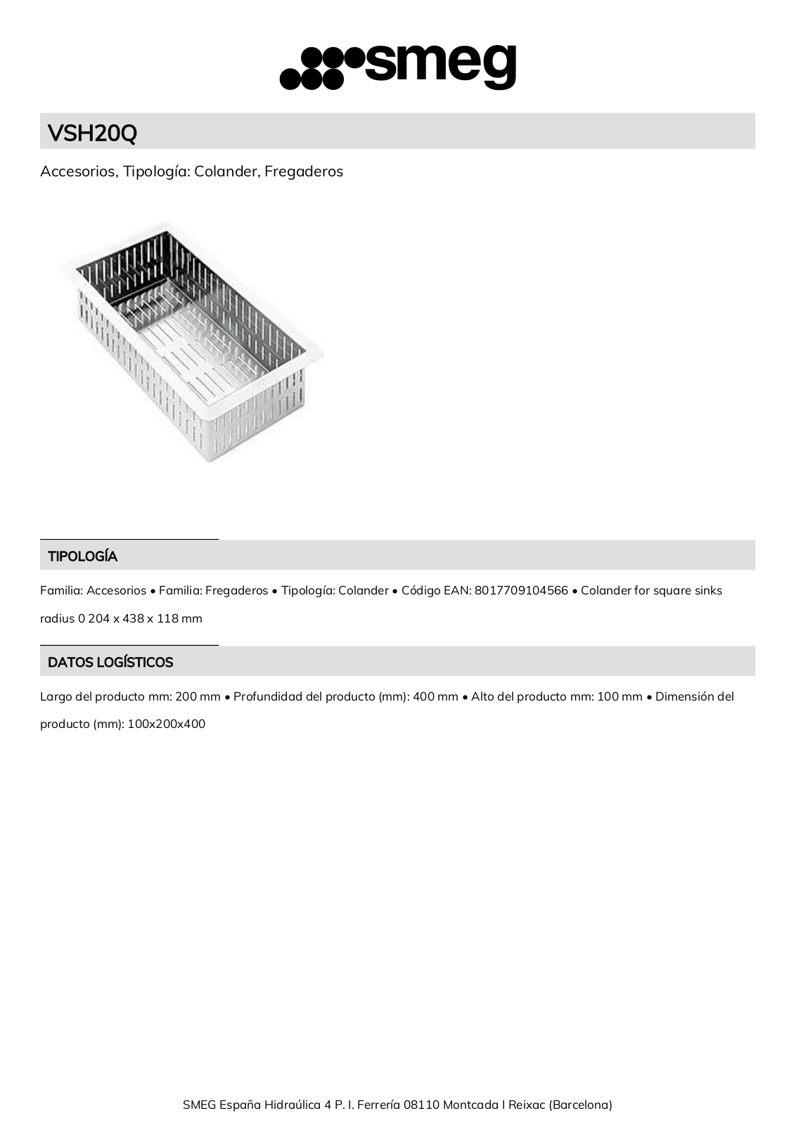 Smeg VSH20Q Product Information Sheet