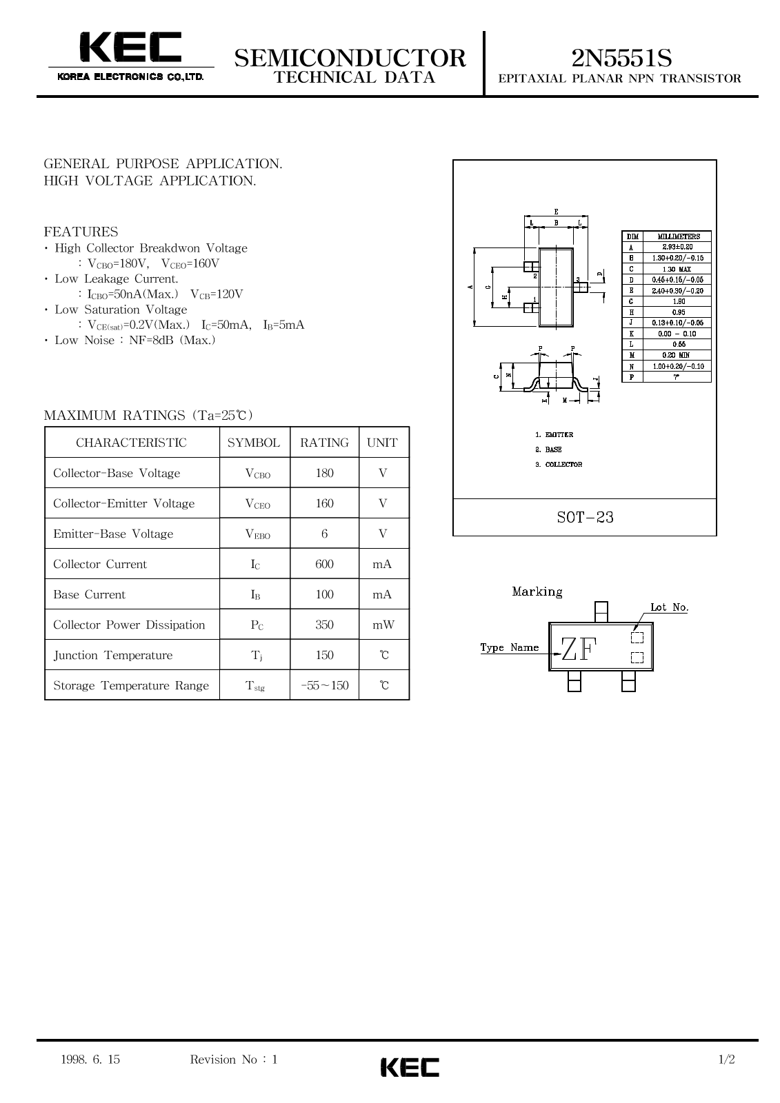 Korea Electronics Co  Ltd 2N5551S Datasheet