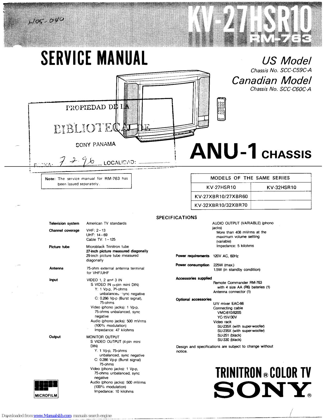 Sony Triniton KV-27HSR10 Service Manual