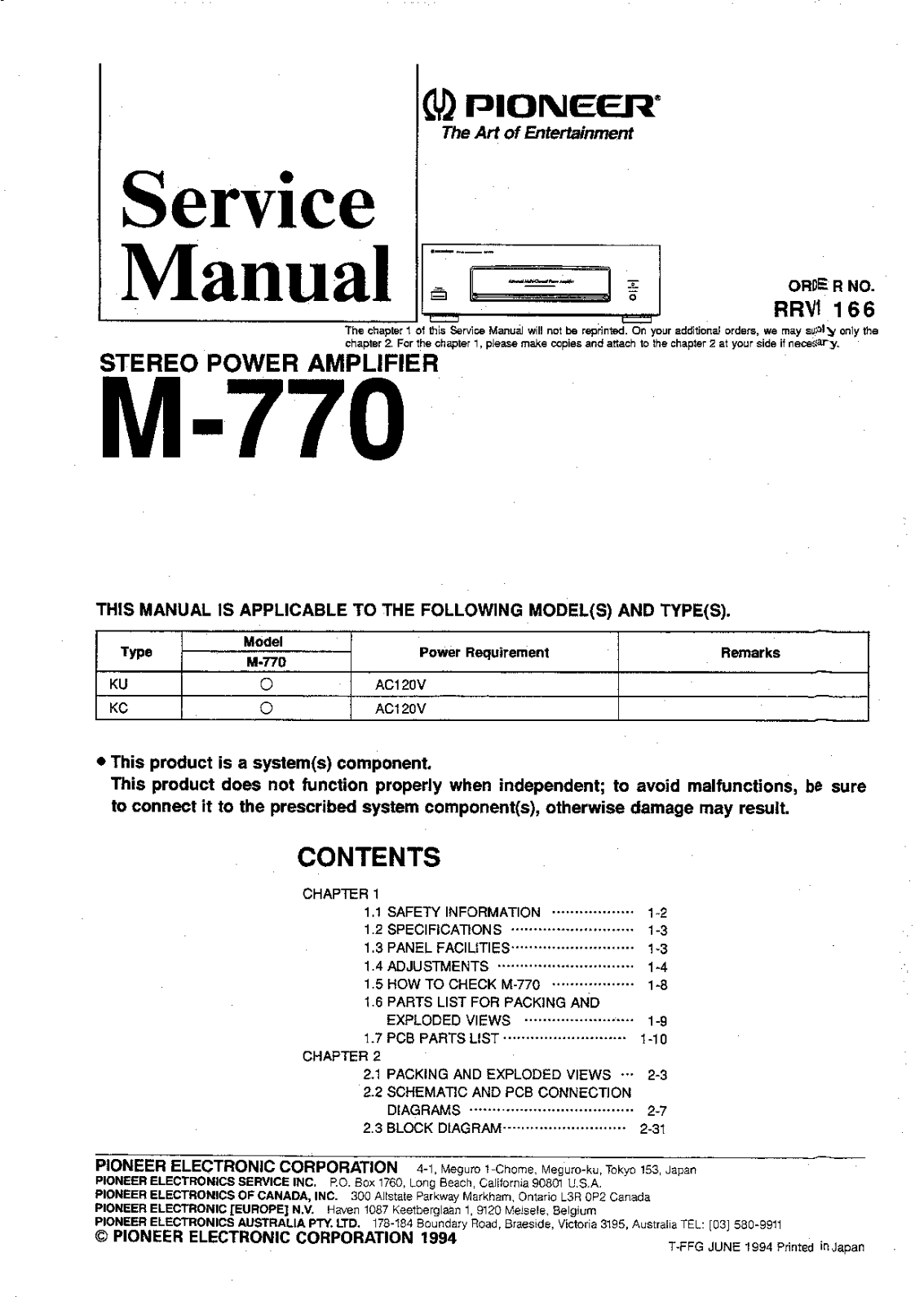 Pioneer M-770 Service manual