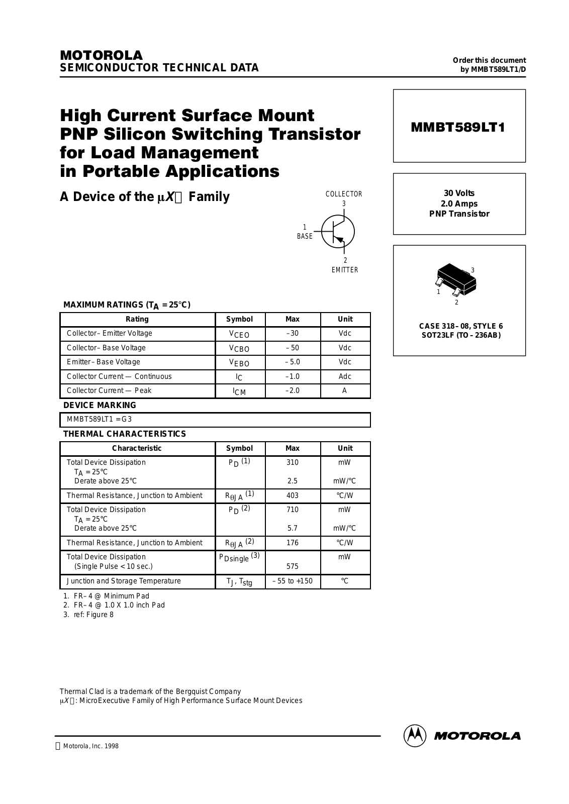 MOTOROLA MMBT589LT3 Datasheet