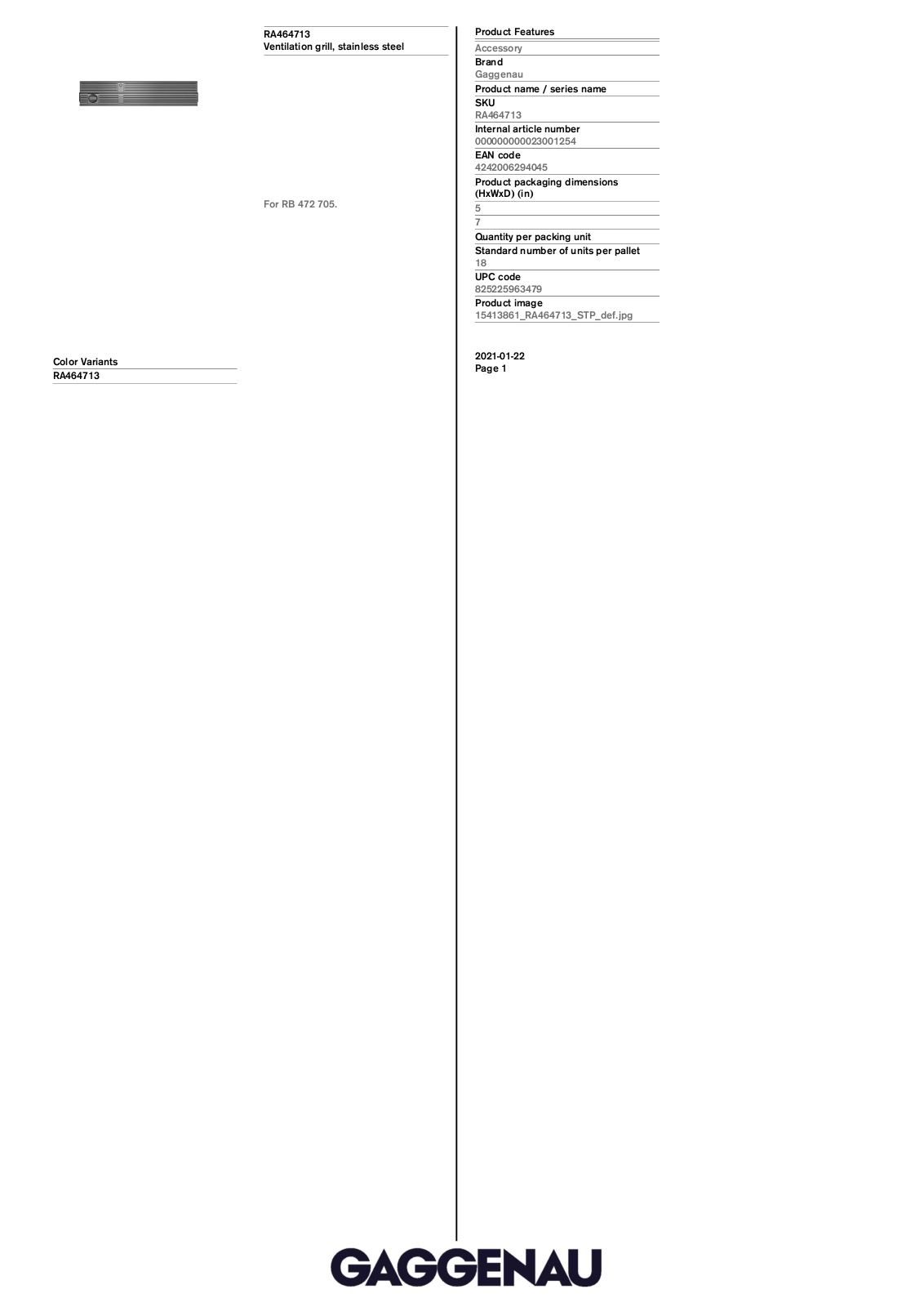 Gaggenau RA464714, RA464913, RA464713 PRODUCT SPECIFICATIONS