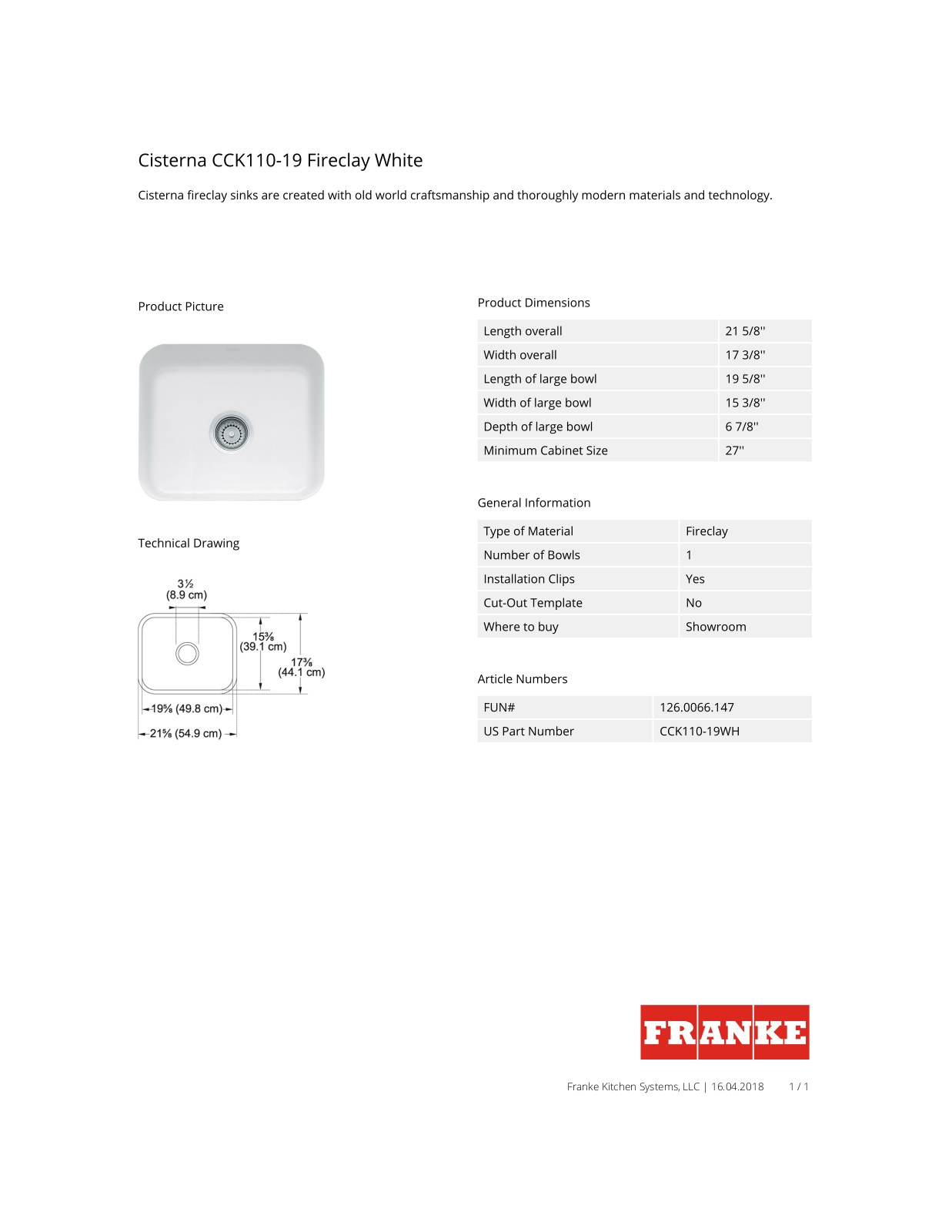 Franke CCK11019WH Specs