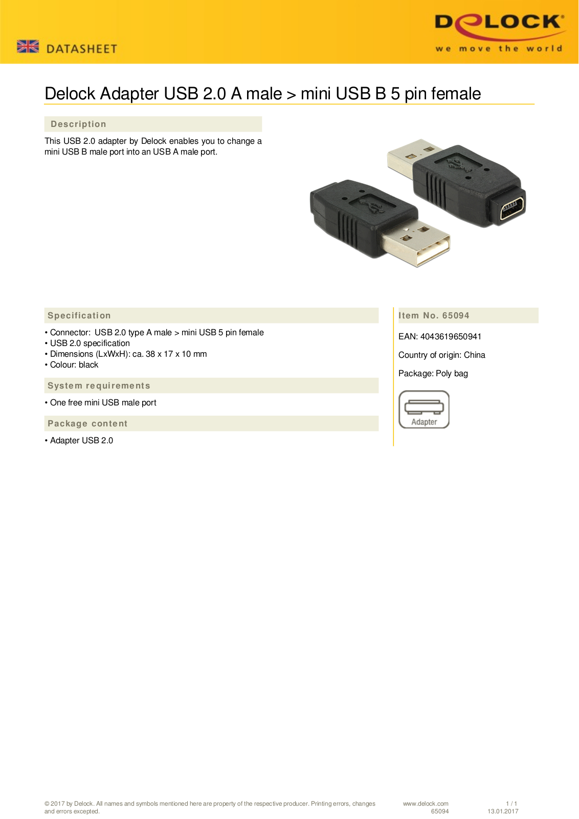 DeLOCK USB 2.0 Adapter, USB-A  Stecker  auf Mini-B  Buchse User Manual