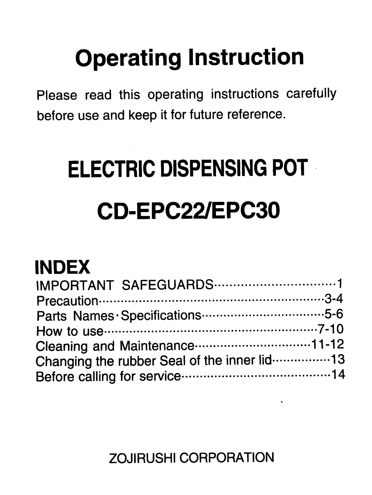 Zojirushi CD-EPC22 Installation  Manual