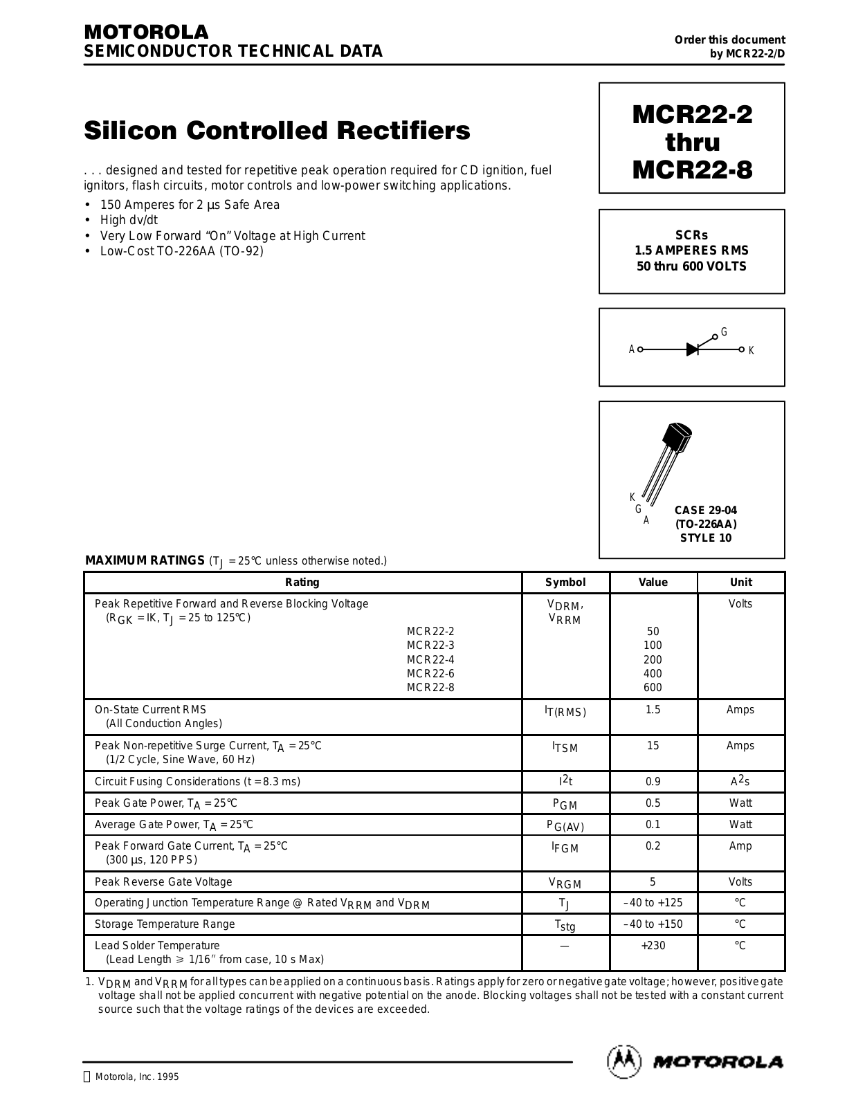 Motorola MCR22-4, MCR22-8, MCR22-2, MCR22-3 Datasheet