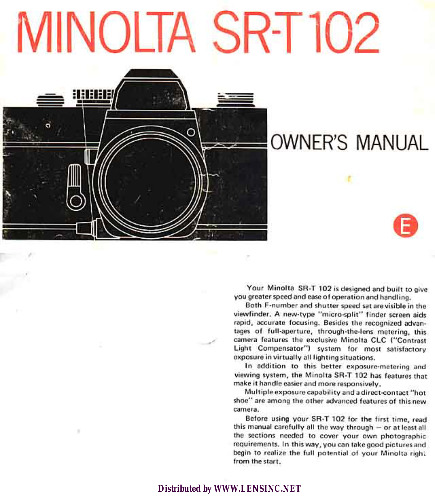 MINOLTA SR-T 102 Owner's Manual