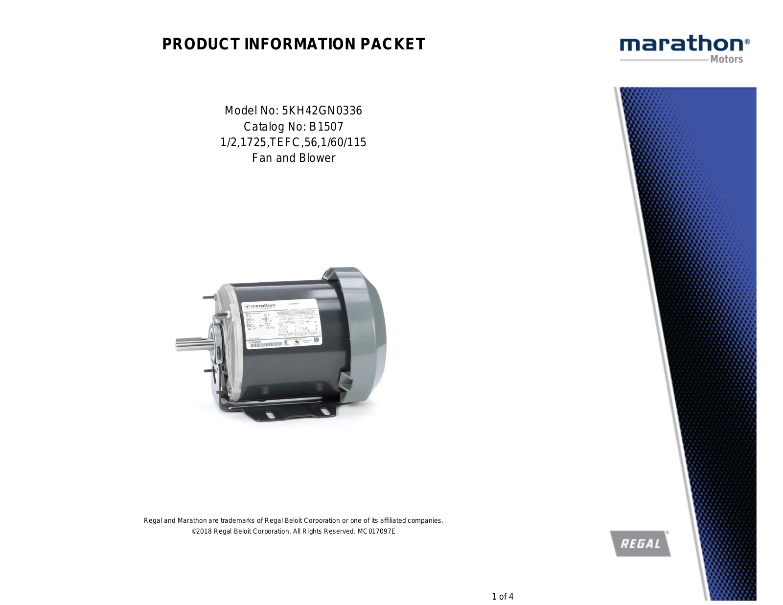 Marathon Electric 5KH42GN0336 Product Information Packet