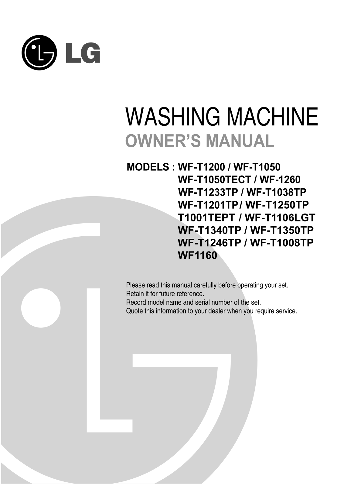 LG WF-T1340TP, WF1160, WF-T1350TP User Manual