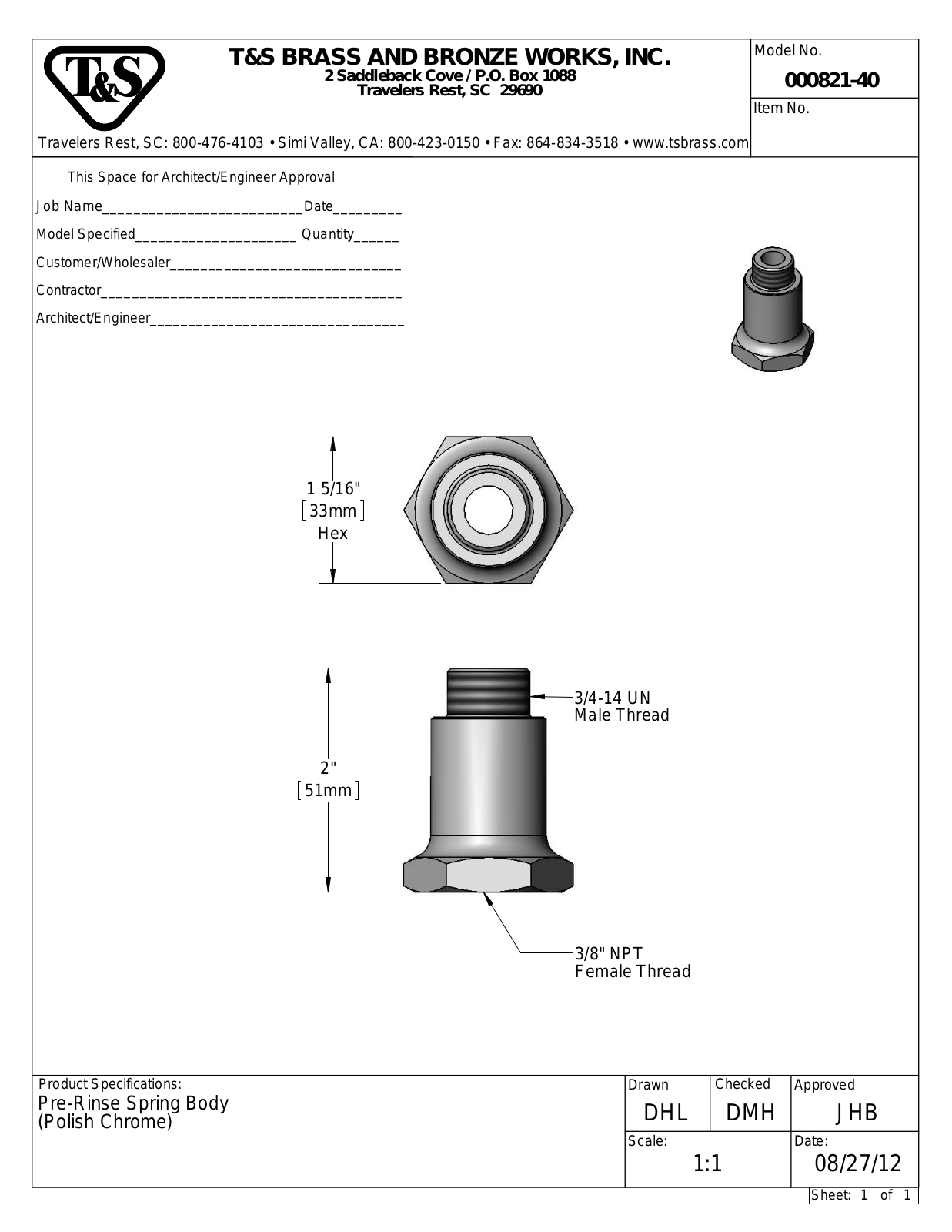 T&S Brass 000821-40 User Manual