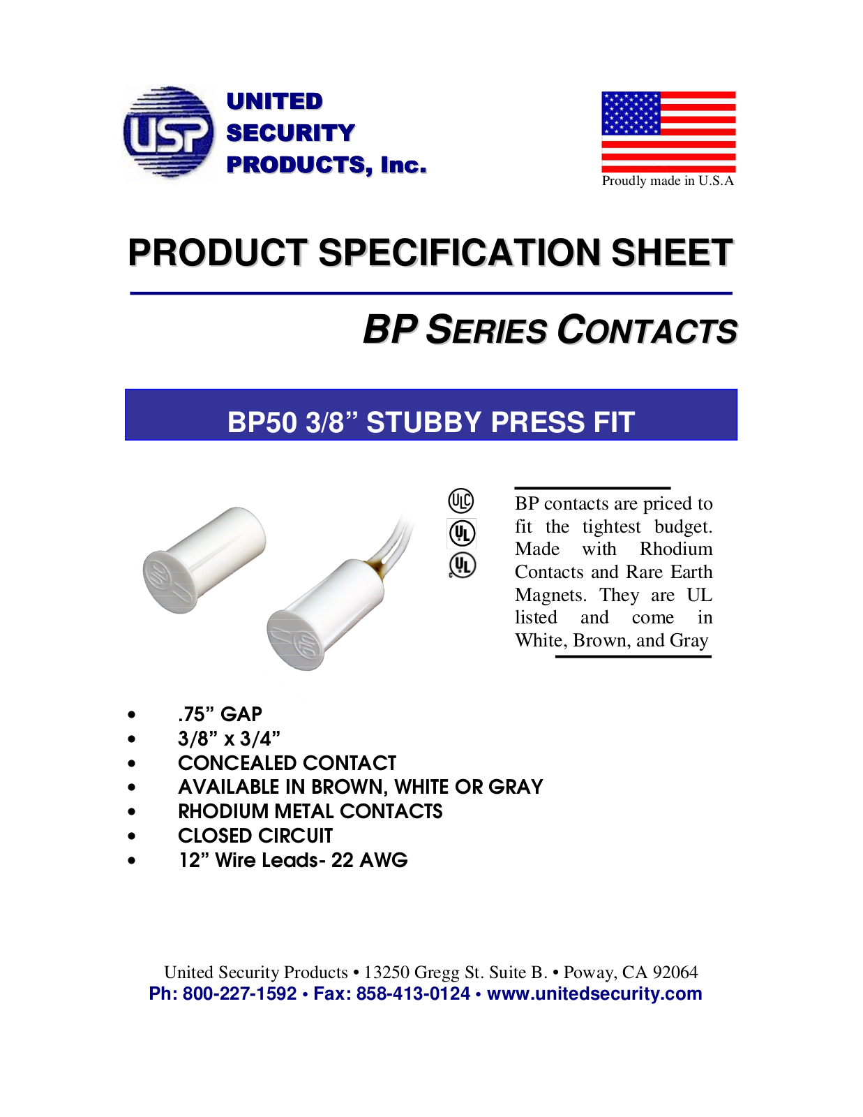 United Security Products BP50-SO, BP50 Specsheet