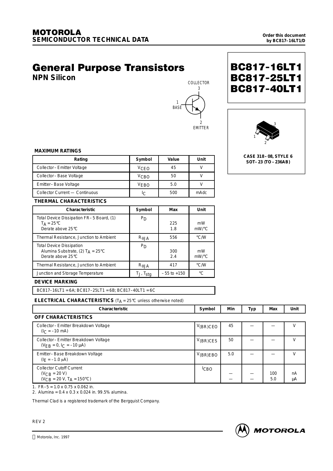 ON Semiconductor BC817-40LT3, BC817-40LT1, BC817-25LT3, BC817-25LT1, BC817-16LT3 Datasheet