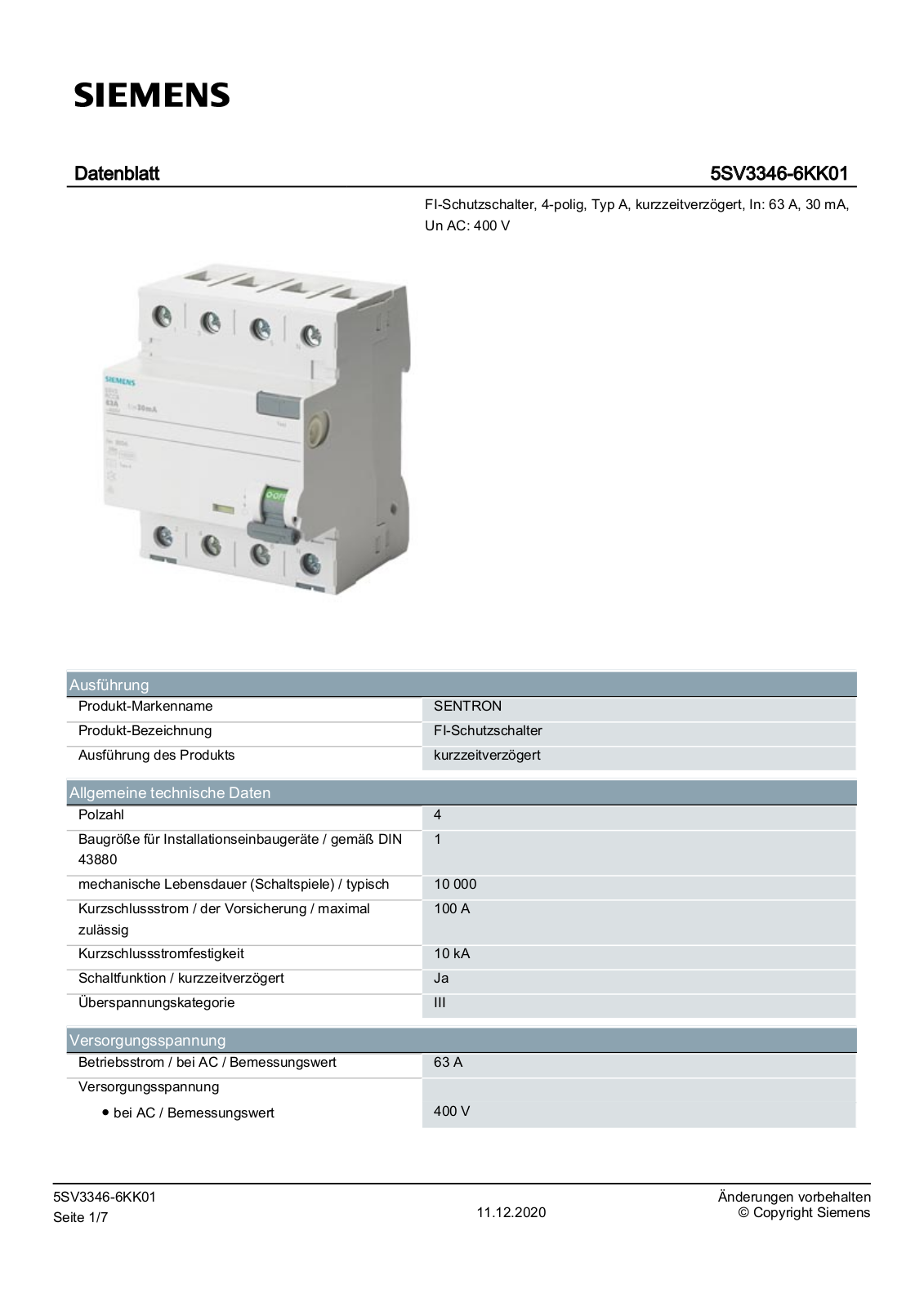 Siemens 5SV3346-6KK01 Datenblatt