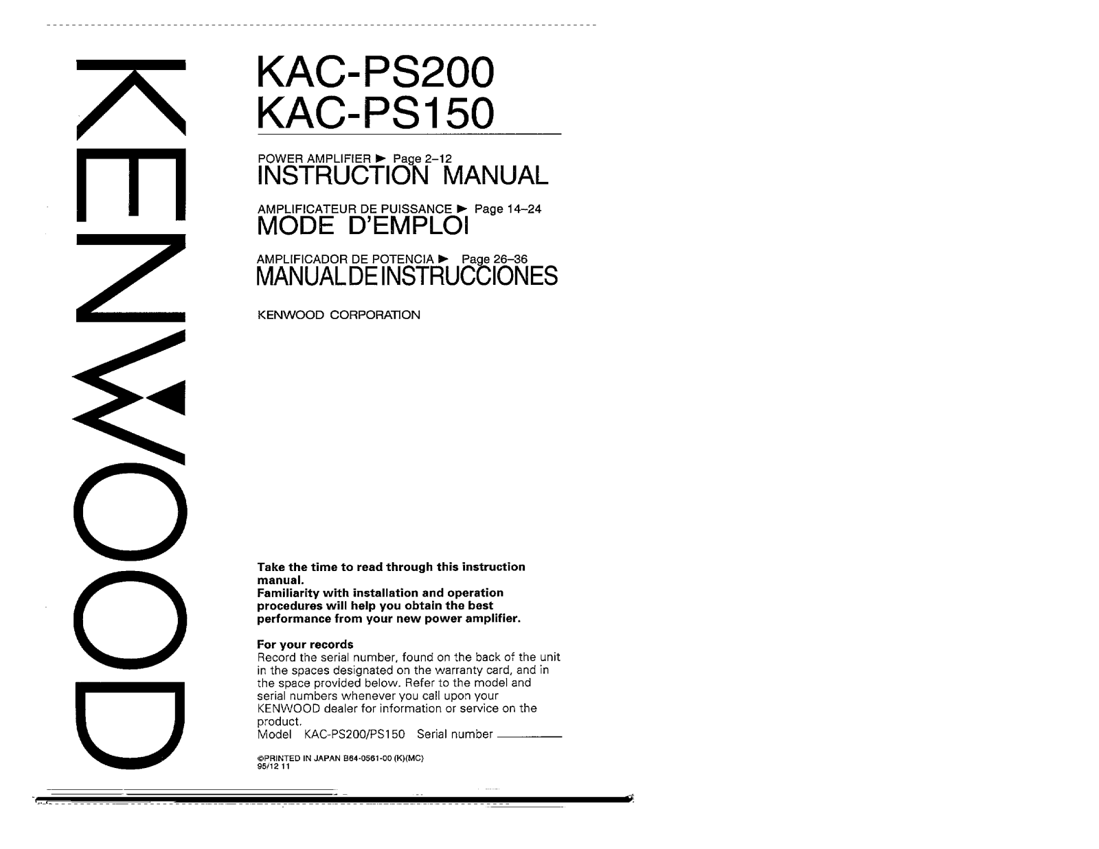 Kenwood KAC-PS150, KAC-PS200 Owner's Manual