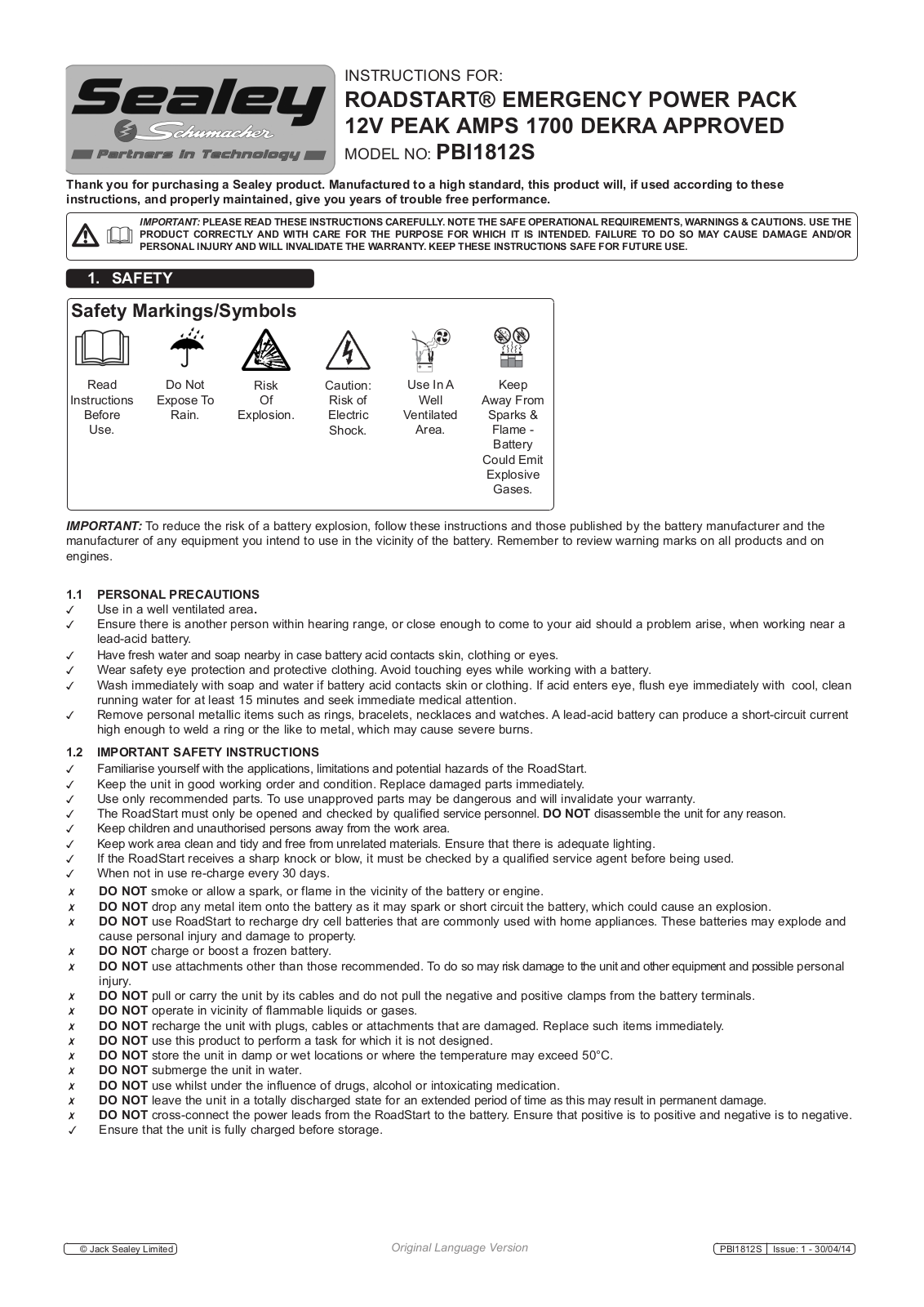 Sealey ROADSTART PBI18112S Instructions For Use Manual