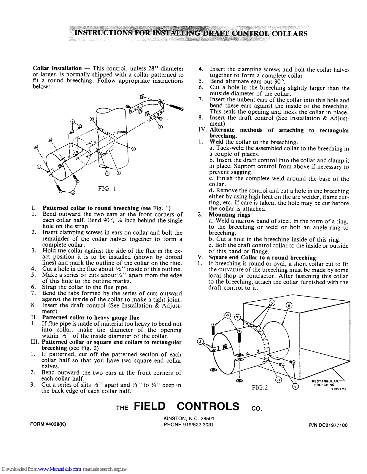 Field Controls 1977100 Installation Instructions Manual