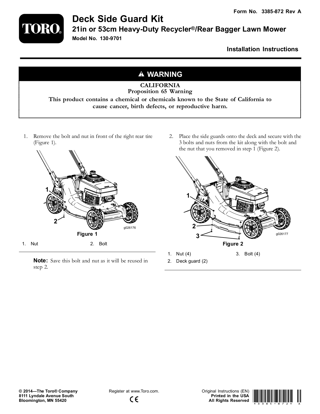 Toro 130-9701 Installation Instructions