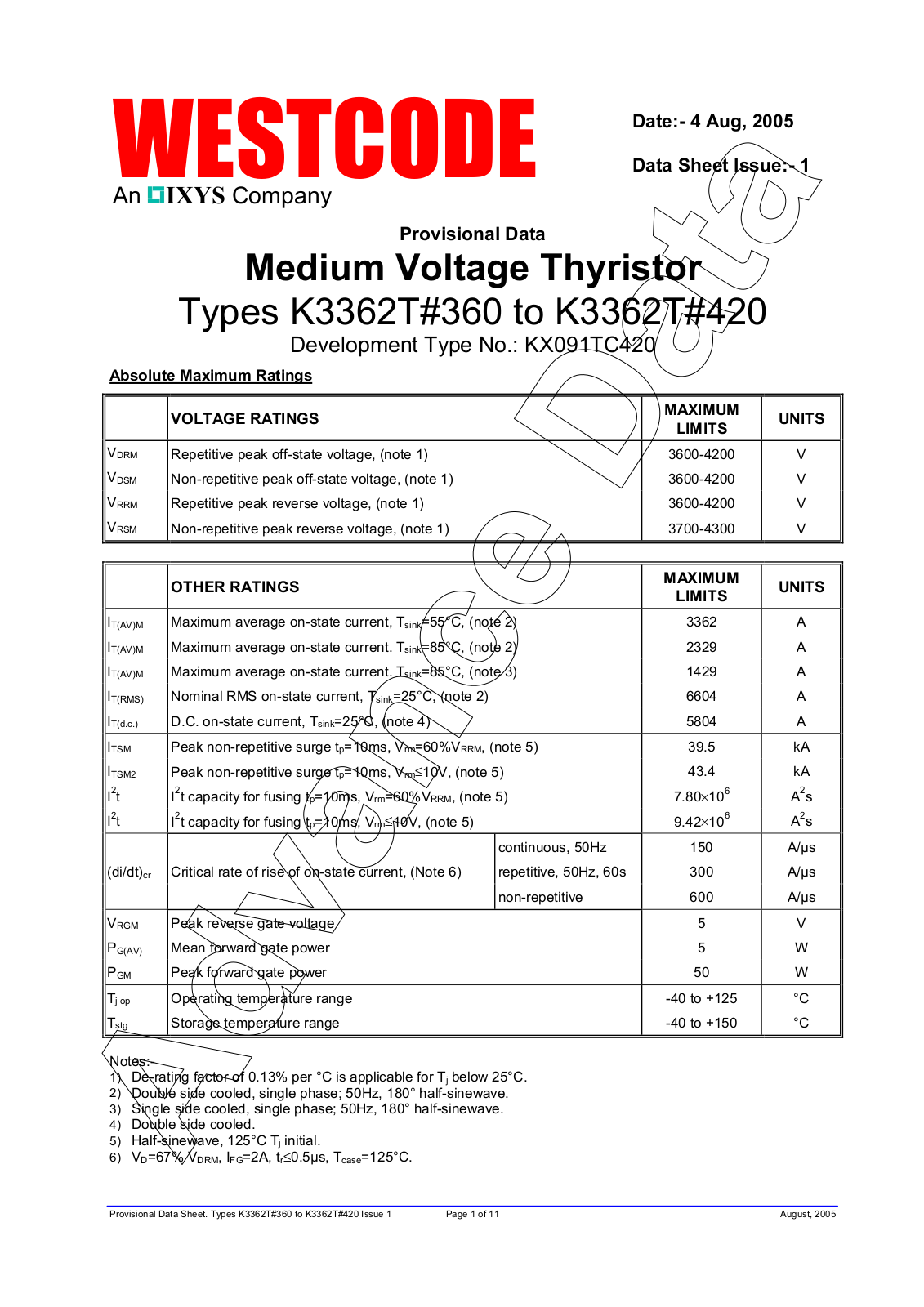 Westcode Semiconductors K3362T#360, K3362T#420 Data Sheet